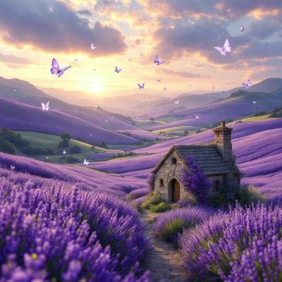 The primary subject of the image is a small purple house situated in a field of lavender flowers. The house is surrounded by a beautiful landscape, featuring a mountain range in the background and a sky filled with butterflies flying by. The visual style of the image is a combination of photo and digital art, creating a vibrant and lively atmosphere. The dominant colors in the image are purple and lavender, which are prevalent in the flowers and the house itself. The overall mood of the image is serene